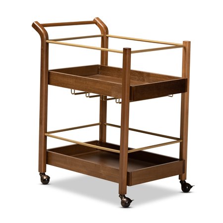 BAXTON STUDIO Tahir Modern Walnut Brown Finished Wood and Antique Gold Finished Metal 2-Tier Mobile Bar Cart 184-9041-Zoro